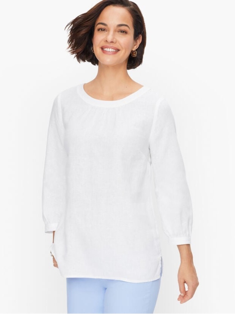 Talbots Women's White 100% Linen 3/4 Sleeve Tunic Top Back Buttons Size S